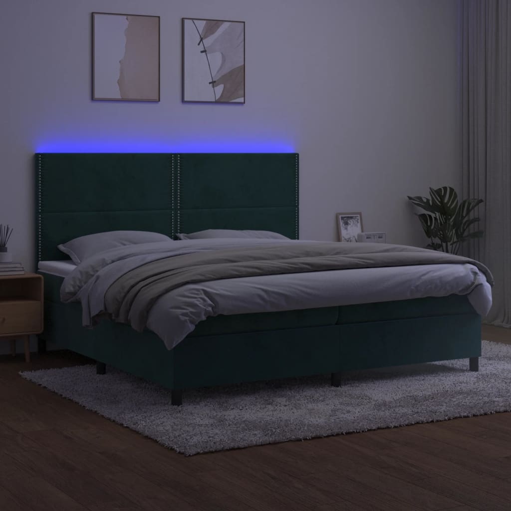 vidaXL Pat cu arcuri, saltea și LED, verde închis, 200x200 cm, catifea vidaXL Pat cu arcuri, saltea și LED, verde închis, 200x200 cm, catifea