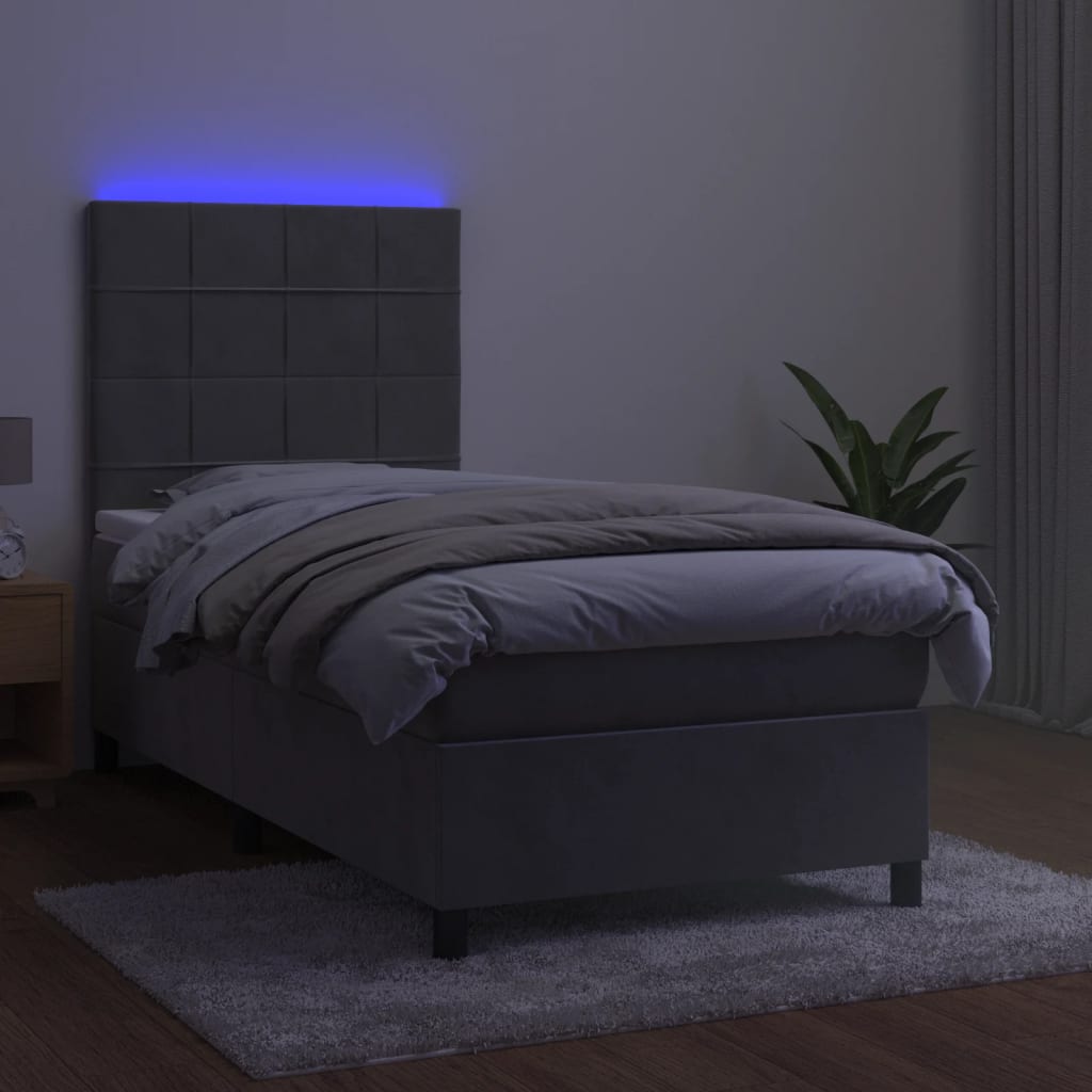 vidaXL Pat cu arcuri, saltea și LED, gri deschis, 90x200 cm, catifea vidaXL Pat cu arcuri, saltea și LED, gri deschis, 90x200 cm, catifea