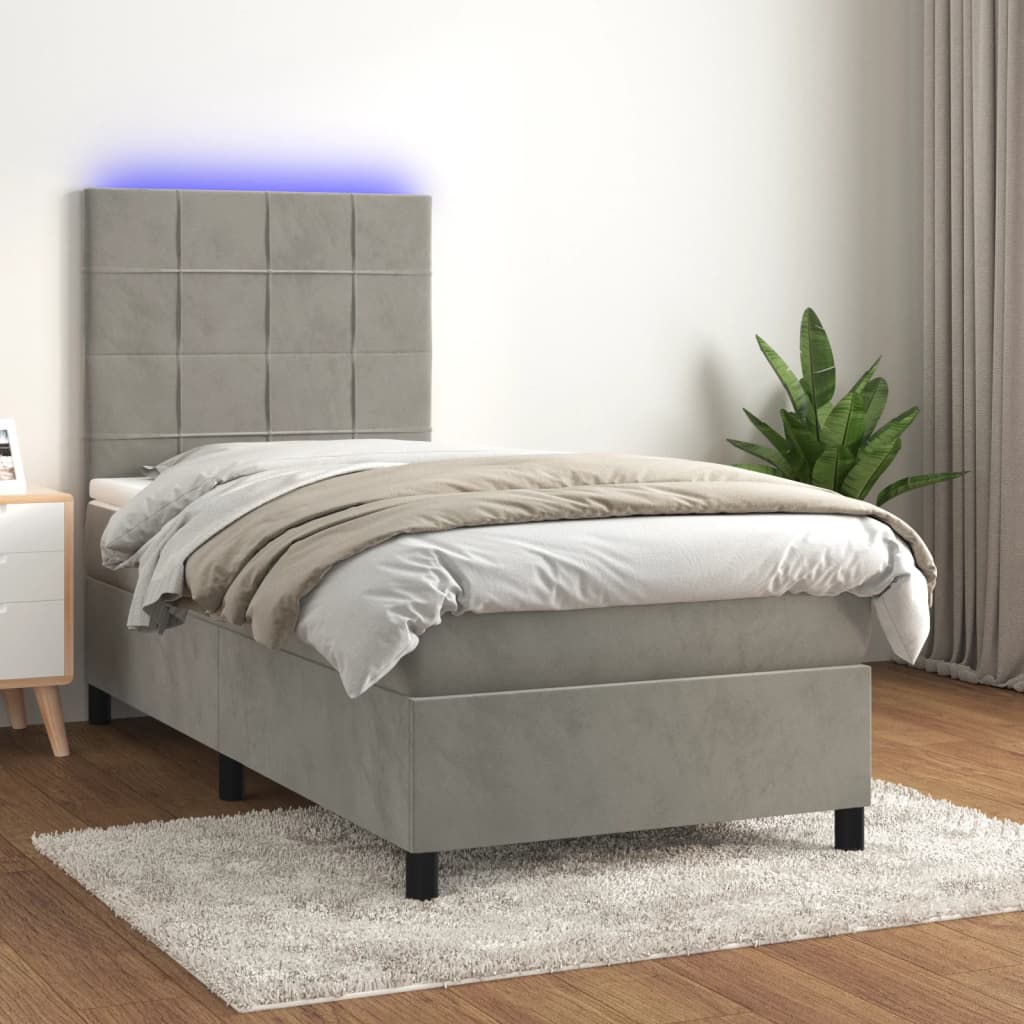 vidaXL Pat cu arcuri, saltea și LED, gri deschis, 90x200 cm, catifea vidaXL Pat cu arcuri, saltea și LED, gri deschis, 90x200 cm, catifea