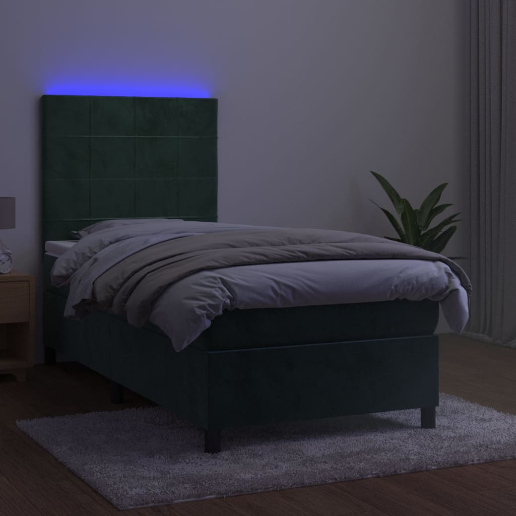 vidaXL Pat cu arcuri, saltea și LED, verde închis, 100x200 cm, catifea