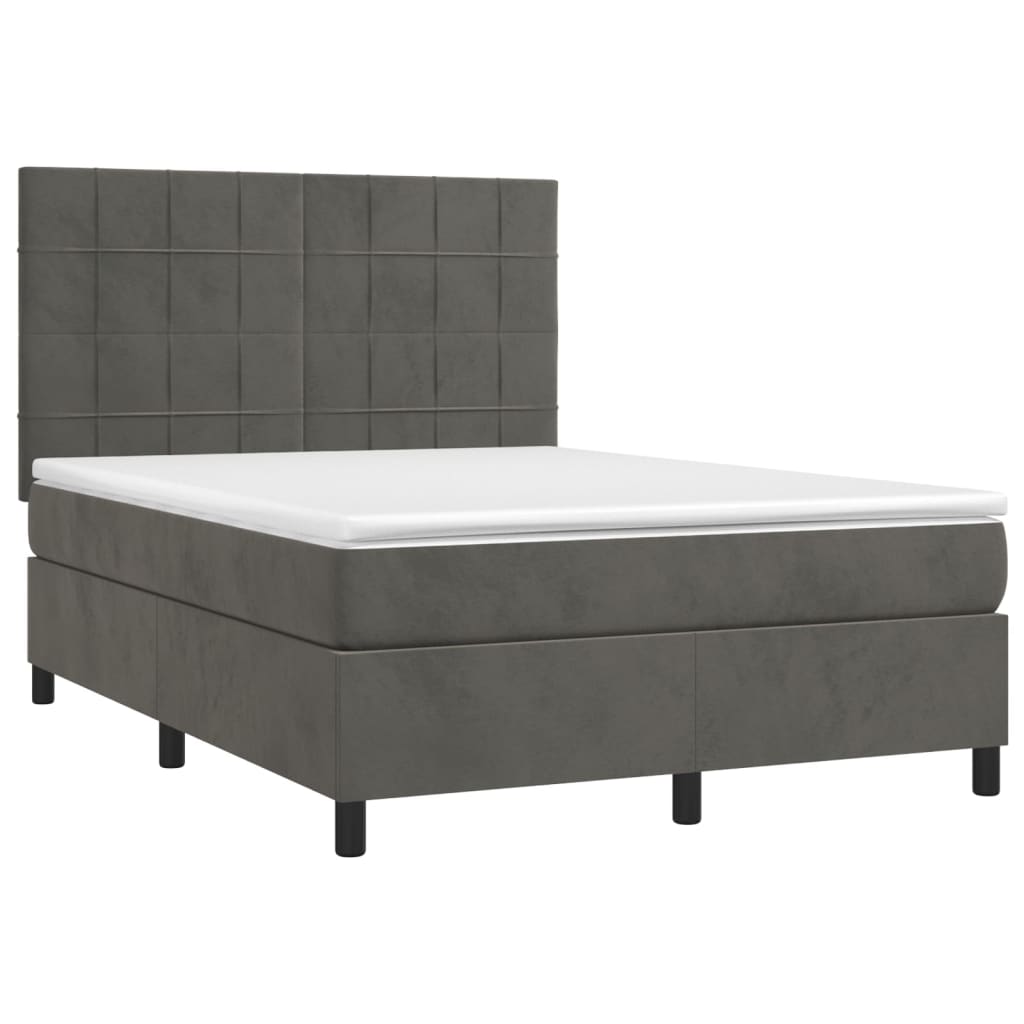 vidaXL Pat cu arcuri, saltea și LED, gri închis, 140x190 cm, catifea