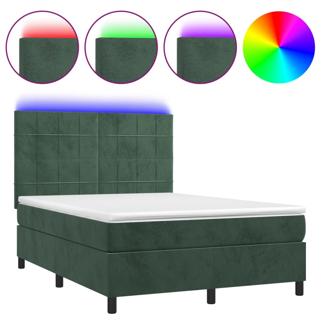 vidaXL Pat cu arcuri, saltea și LED, verde închis, 140x190 cm, catifea vidaXL Pat cu arcuri, saltea și LED, verde închis, 140x190 cm, catifea