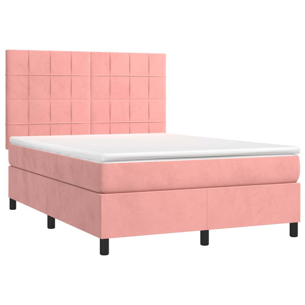 vidaXL Pat cu arcuri, cu saltea și LED, roz, 140x190 cm catifea