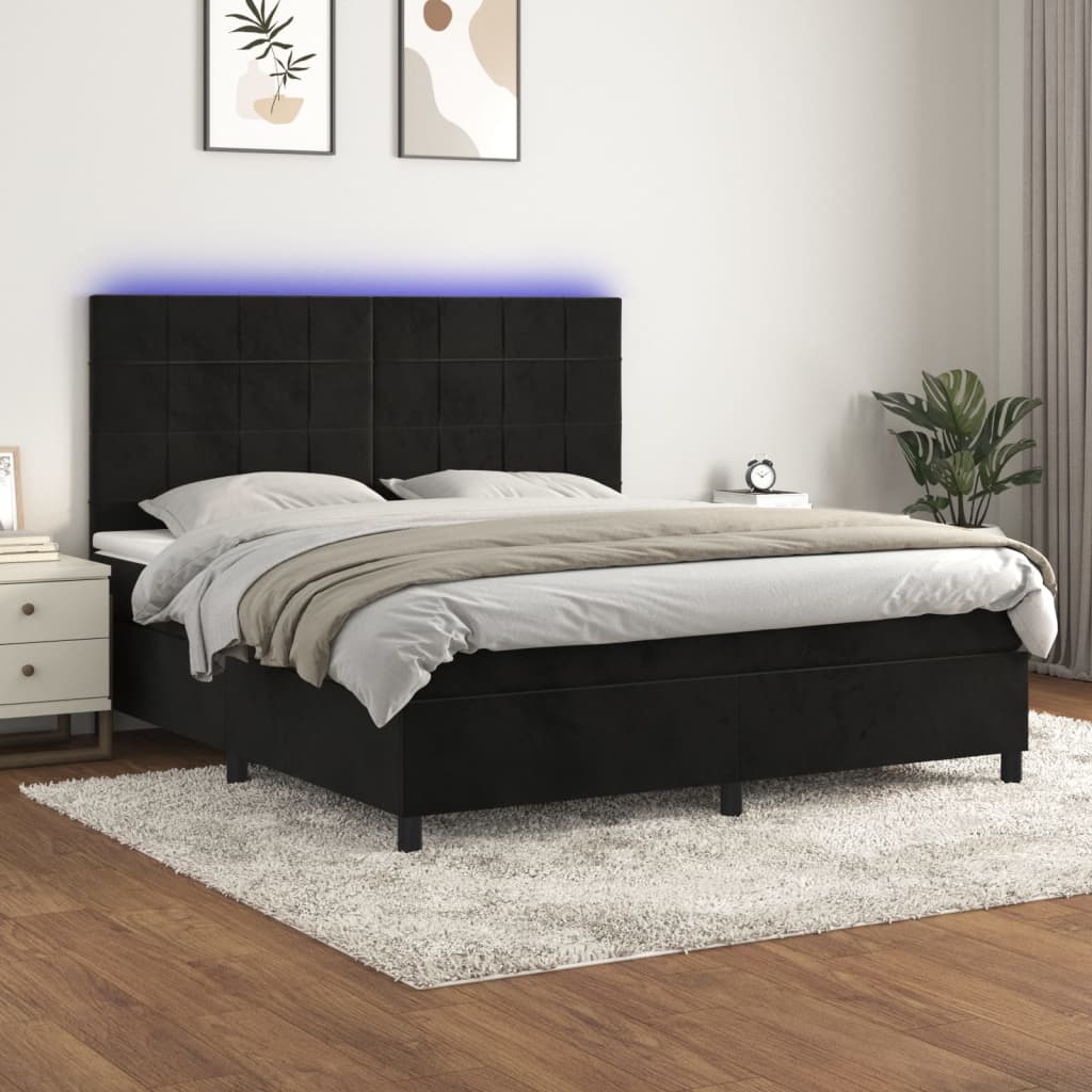 vidaXL Pat cu arcuri, saltea și LED, negru, 180x200 cm, catifea vidaXL Pat cu arcuri, saltea și LED, negru, 180x200 cm, catifea