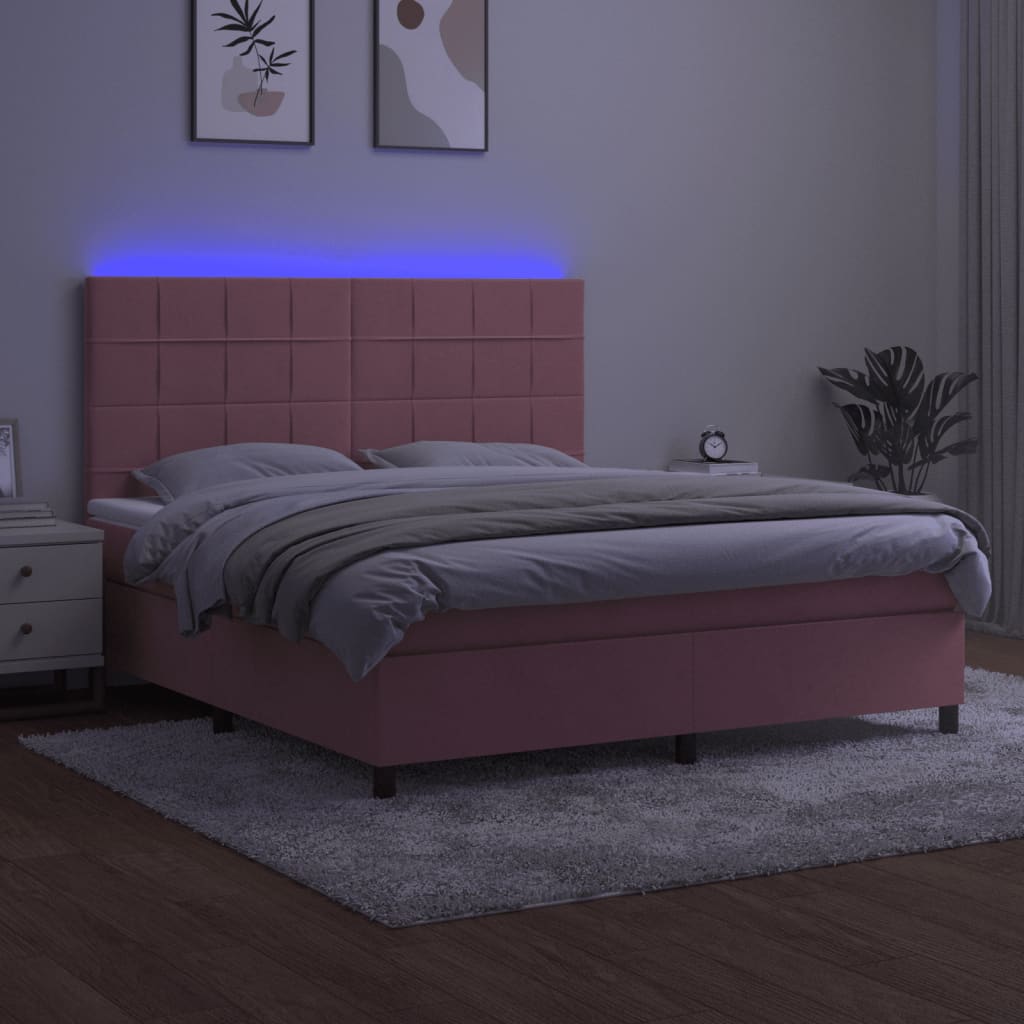 vidaXL Pat cu arcuri, saltea & LED, roz, 180x200 cm, catifea