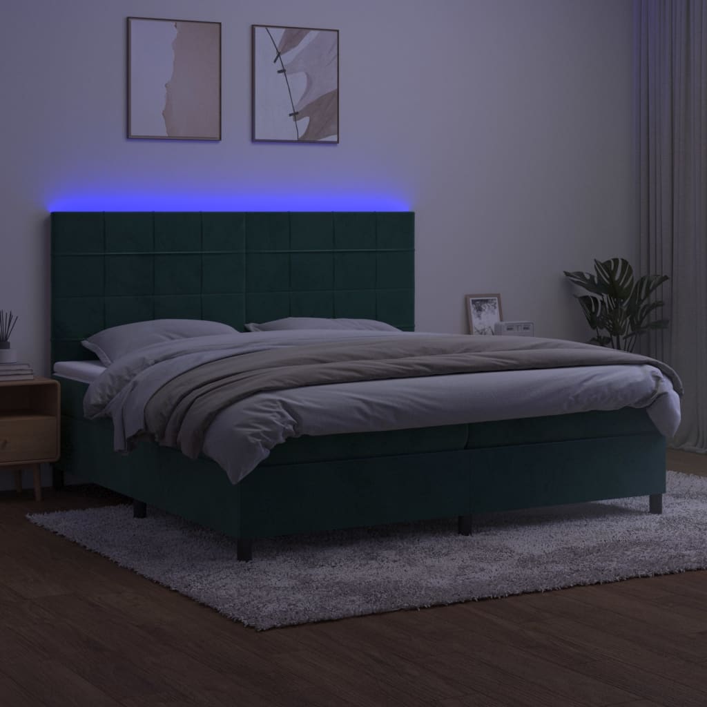 vidaXL Pat cu arcuri, saltea și LED, verde închis, 200x200 cm, catifea vidaXL Pat cu arcuri, saltea și LED, verde închis, 200x200 cm, catifea