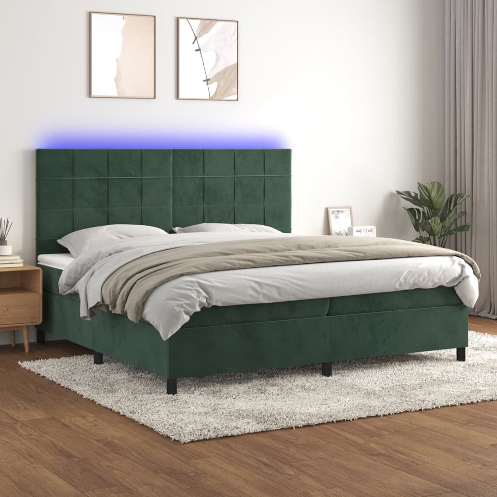 vidaXL Pat cu arcuri, saltea și LED, verde închis, 200x200 cm, catifea vidaXL Pat cu arcuri, saltea și LED, verde închis, 200x200 cm, catifea