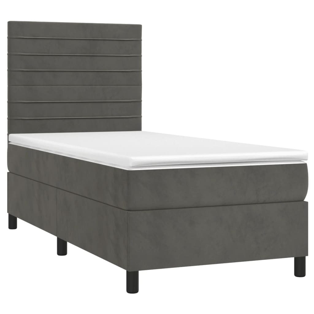 vidaXL Pat cu arcuri, saltea și LED, gri închis, 90x190 cm, catifea