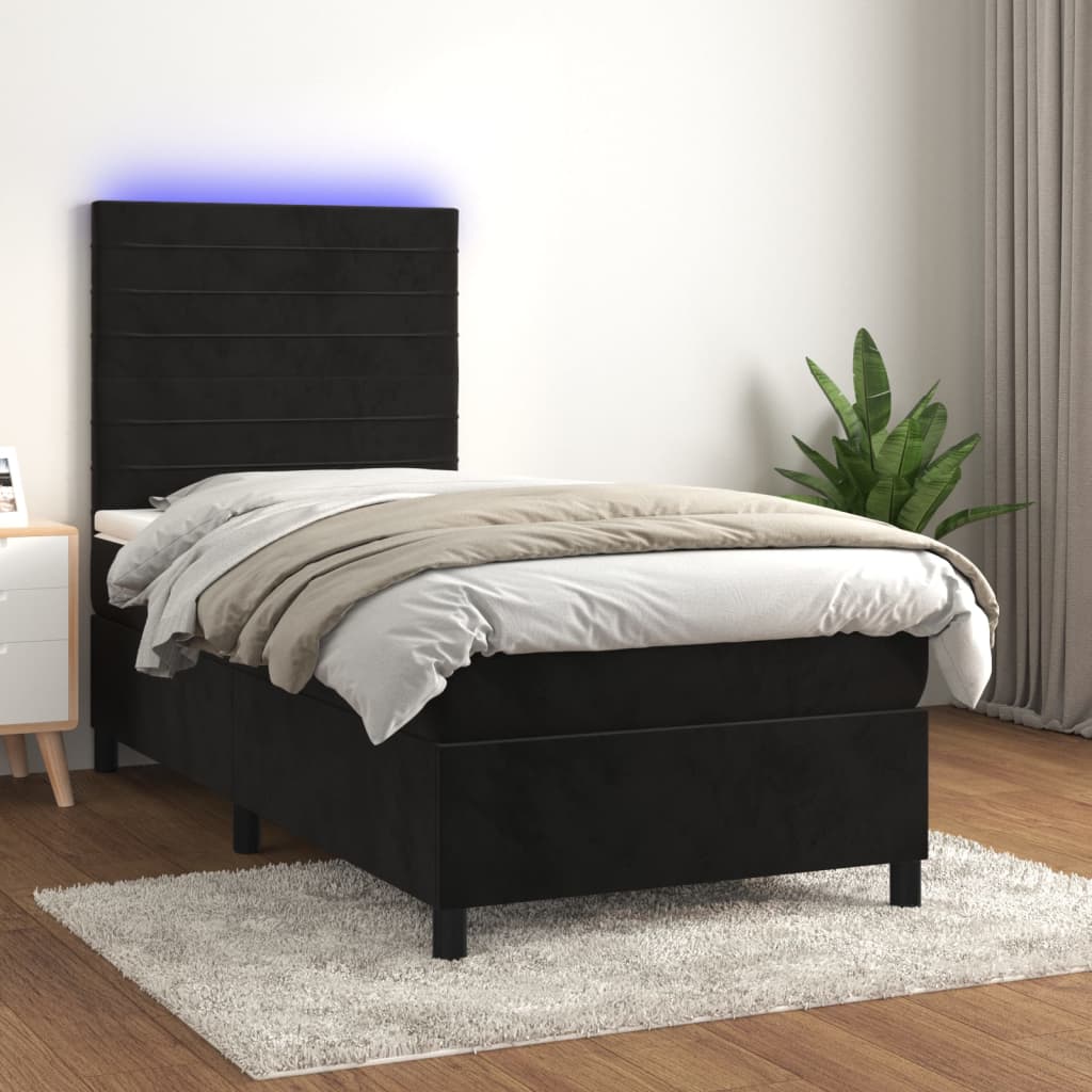 vidaXL Pat cu arcuri, saltea și LED, negru, 90x190 cm, catifea vidaXL Pat cu arcuri, saltea și LED, negru, 90x190 cm, catifea