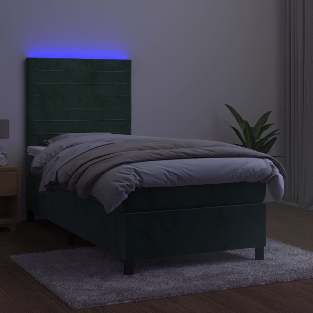 vidaXL Pat cu arcuri, saltea și LED, verde, 90x200 cm, catifea vidaXL Pat cu arcuri, saltea și LED, verde, 90x200 cm, catifea