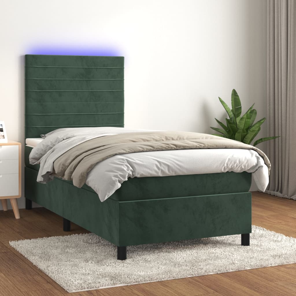 vidaXL Pat cu arcuri, saltea și LED, verde, 90x200 cm, catifea vidaXL Pat cu arcuri, saltea și LED, verde, 90x200 cm, catifea