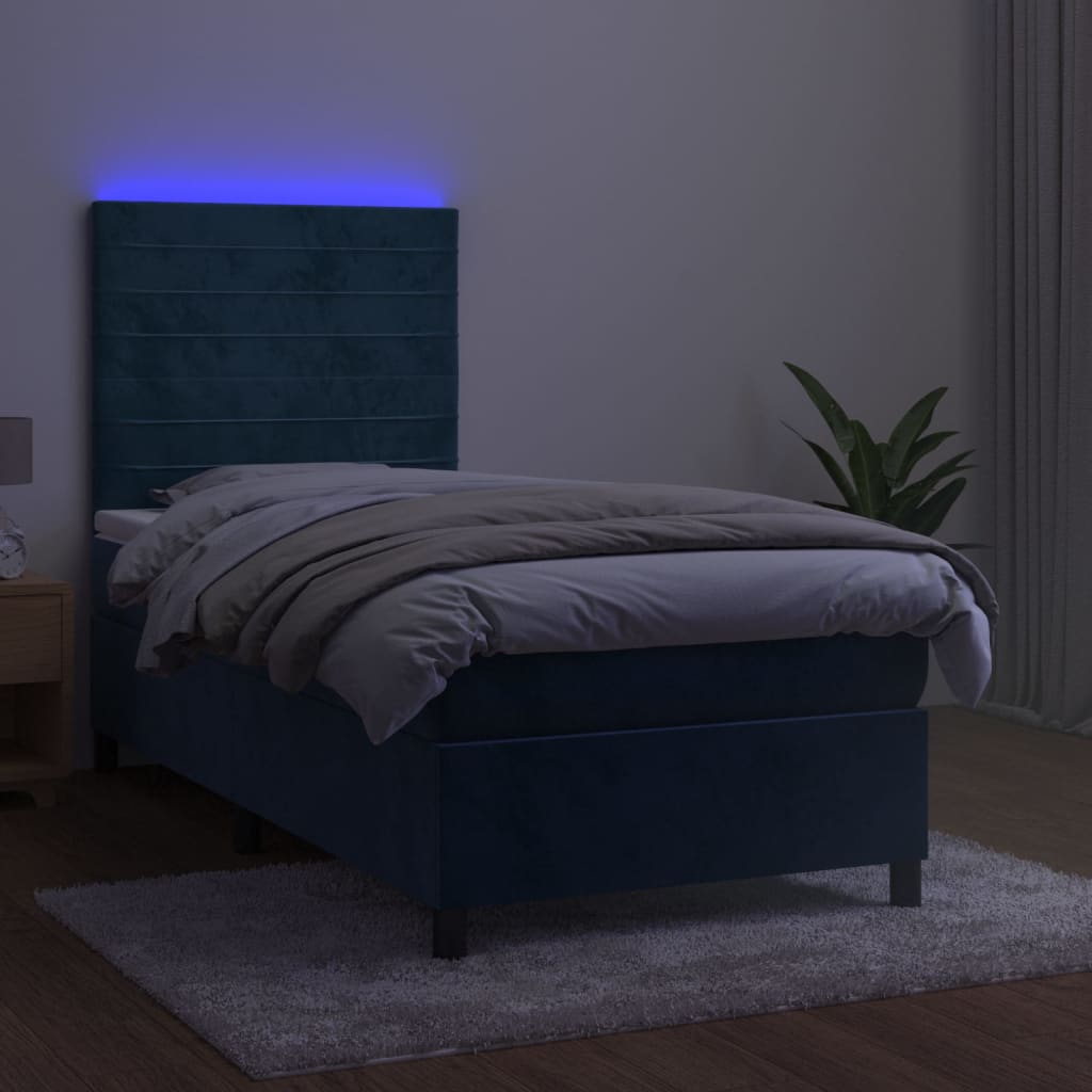 vidaXL Pat cu arcuri, saltea și LED, bleumarin, 90x200 cm, catifea