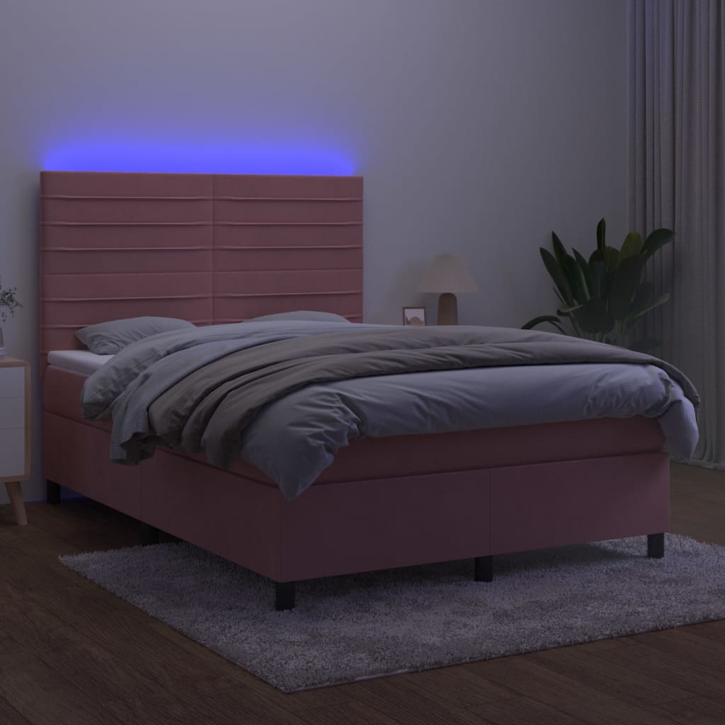 vidaXL Pat cu arcuri, cu saltea și LED, roz, 140x190 cm catifea