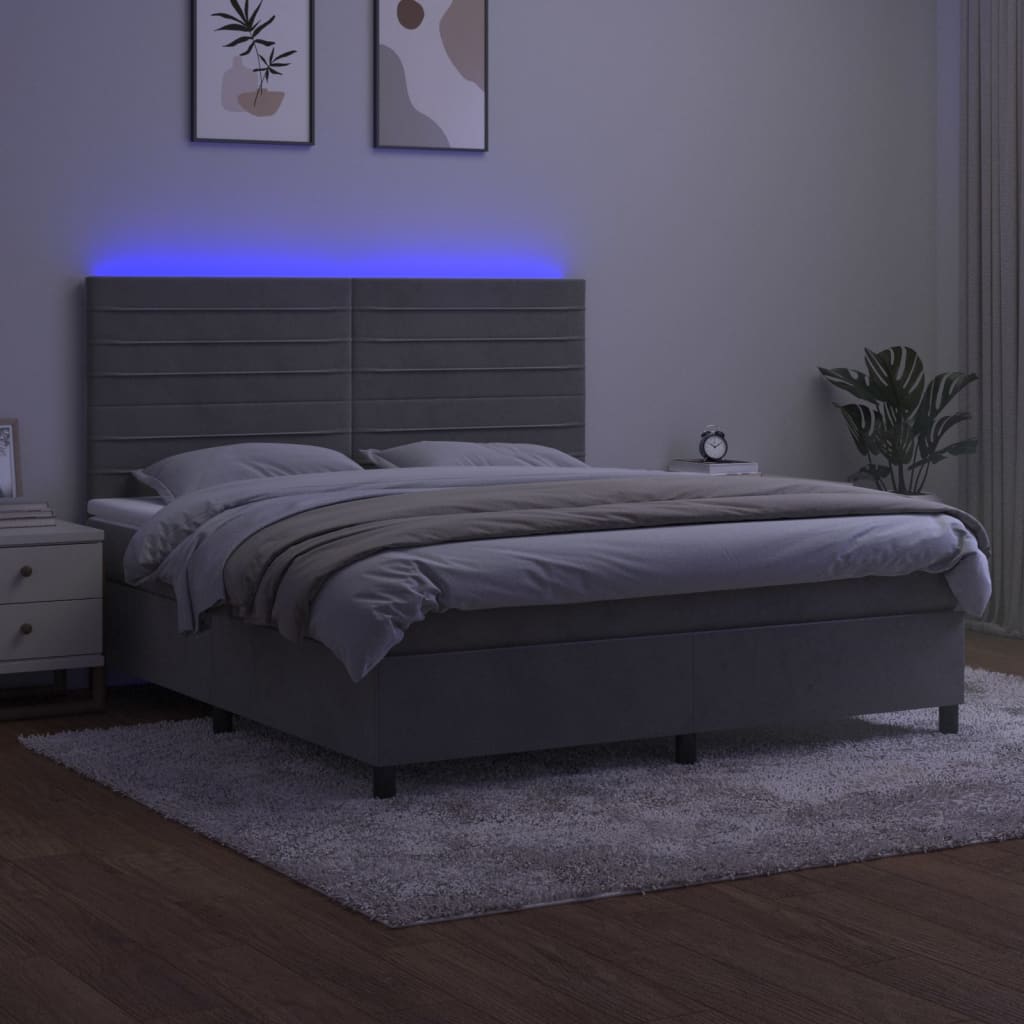 vidaXL Pat cu arcuri, saltea și LED, gri deschis, 160x200 cm, catifea