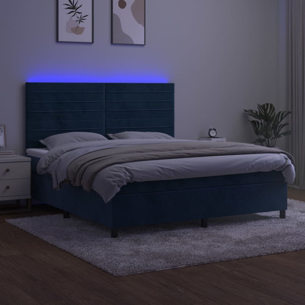 vidaXL Pat cu arcuri, saltea și LED, bleumarin, 180x200 cm, catifea