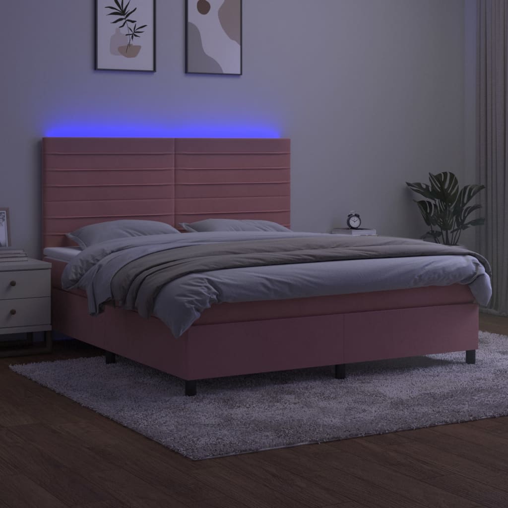 vidaXL Pat cu arcuri, saltea & LED, roz, 180x200 cm, catifea