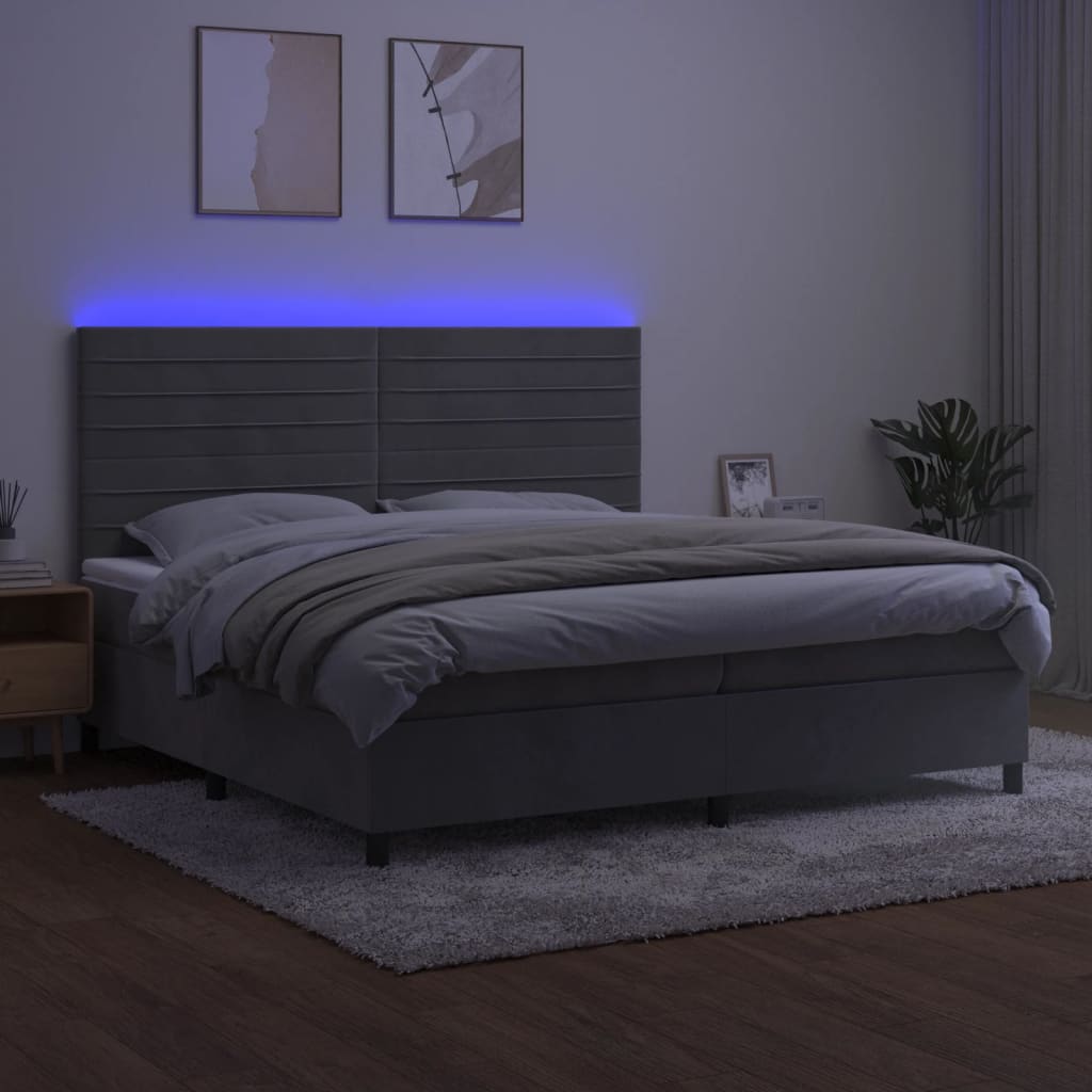 vidaXL Pat cu arcuri, saltea și LED, gri deschis, 200x200 cm, catifea
