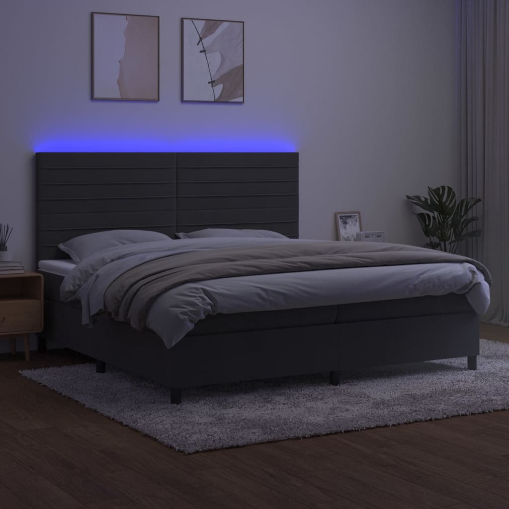 vidaXL Pat cu arcuri, saltea și LED, gri închis, 200x200 cm, catifea