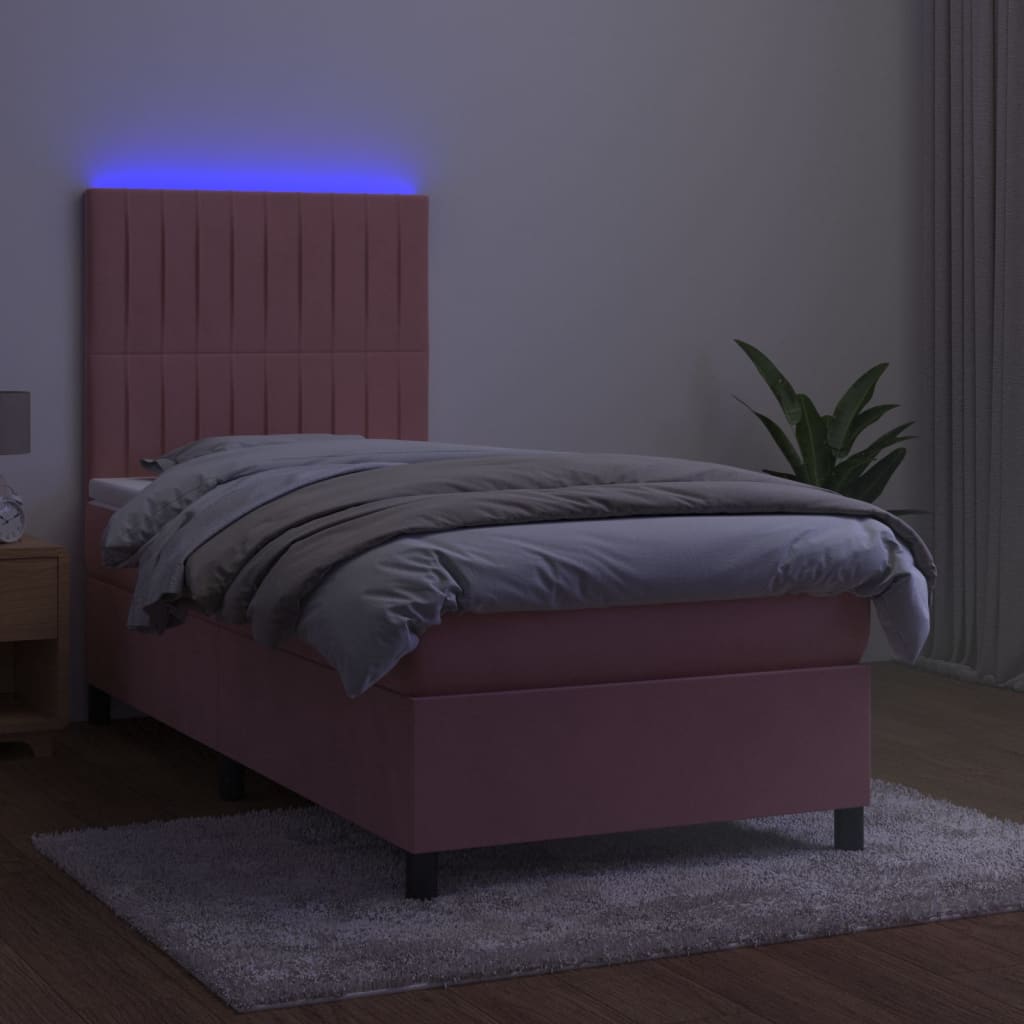 vidaXL Pat cu arcuri, saltea și LED, roz, 90x190 cm, catifea