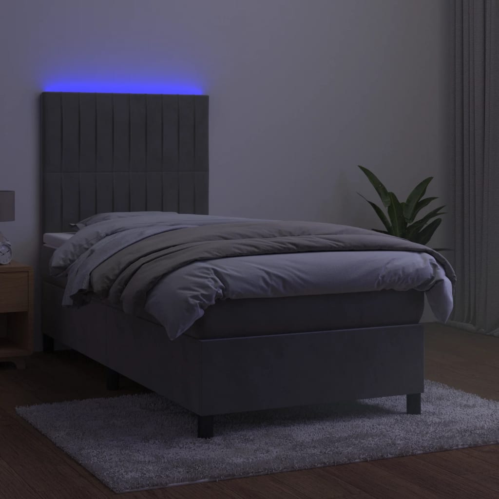 vidaXL Pat cu arcuri, saltea și LED, gri deschis, 90x200 cm, catifea