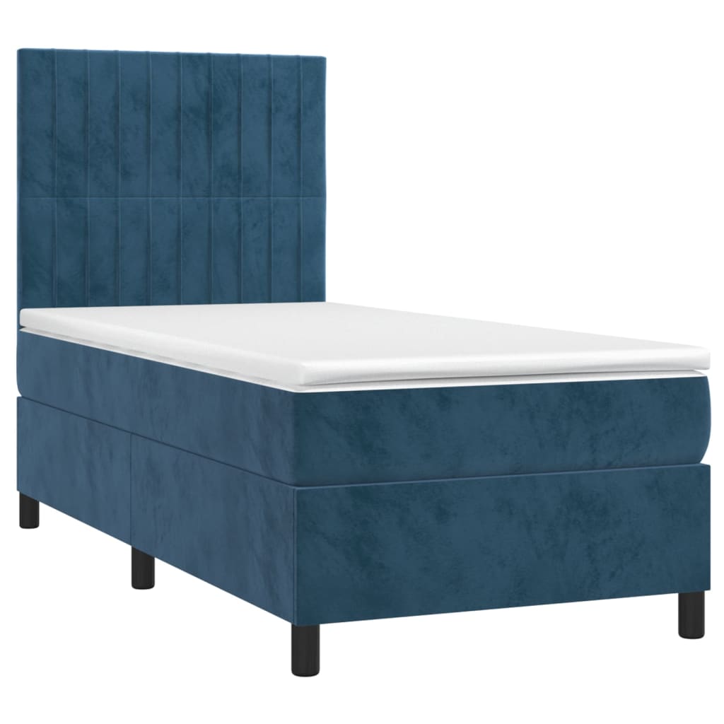 vidaXL Pat cu arcuri, saltea și LED, bleumarin, 90x200 cm, catifea