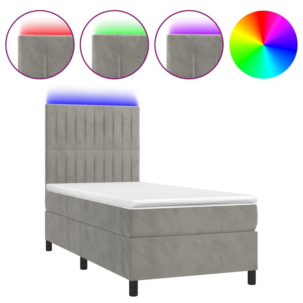 vidaXL Pat cu arcuri, saltea și LED, gri deschis, 100x200 cm, catifea vidaXL Pat cu arcuri, saltea și LED, gri deschis, 100x200 cm, catifea