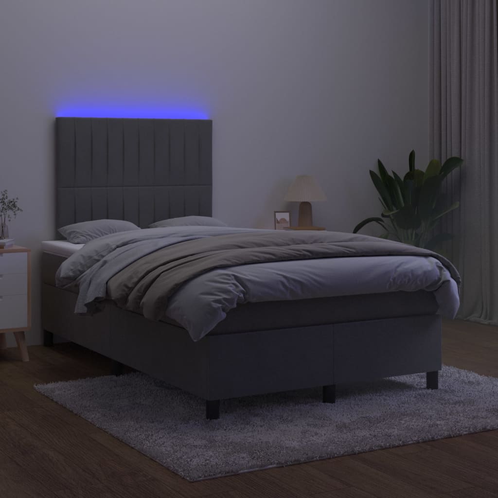 vidaXL Pat cu arcuri, saltea și LED, gri închis, 120x200 cm, catifea
