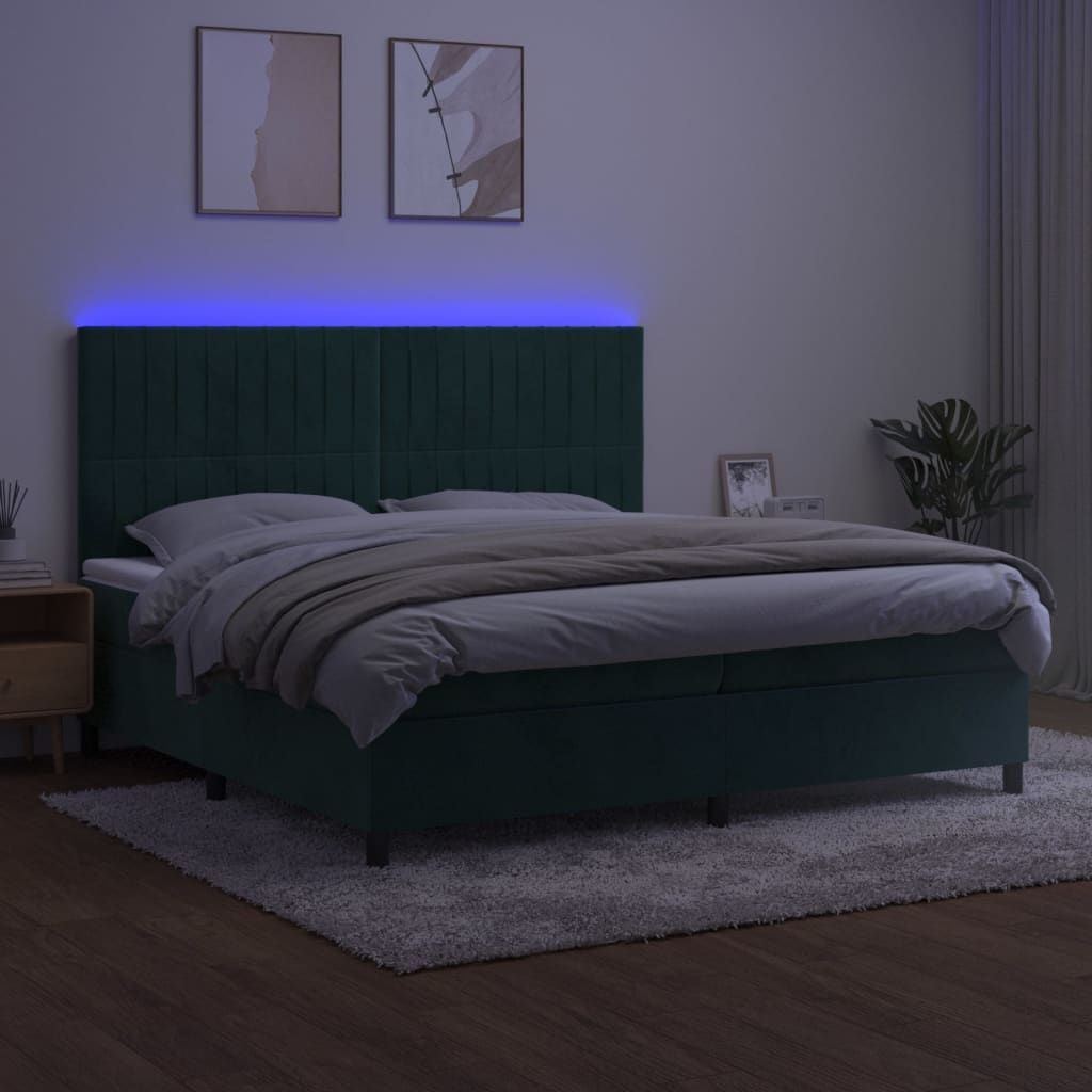 vidaXL Pat cu arcuri, saltea și LED, verde închis, 200x200 cm, catifea vidaXL Pat cu arcuri, saltea și LED, verde închis, 200x200 cm, catifea
