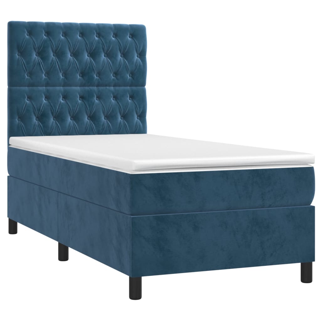 vidaXL Pat cu arcuri, saltea și LED, bleumarin, 90x190 cm, catifea