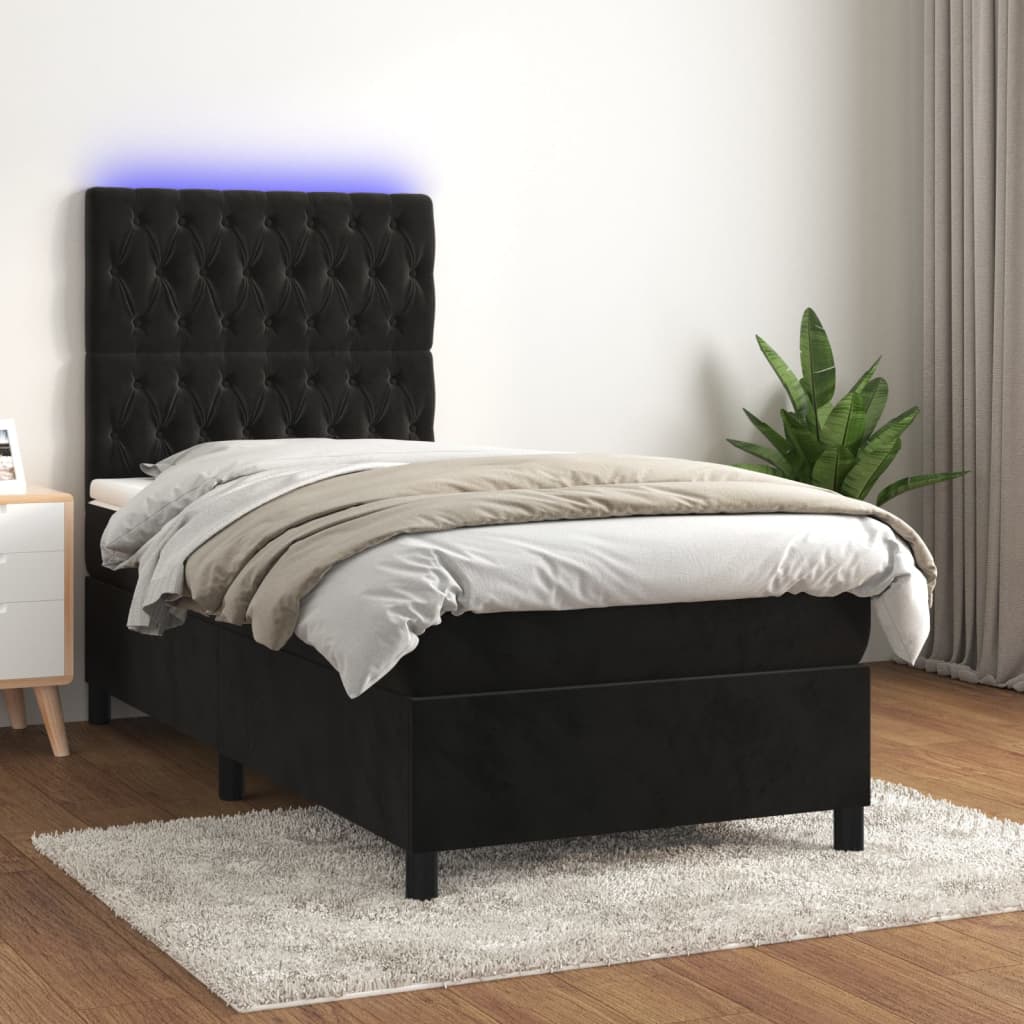 vidaXL Pat cu arcuri, saltea și LED, negru, 90x200 cm, catifea vidaXL Pat cu arcuri, saltea și LED, negru, 90x200 cm, catifea