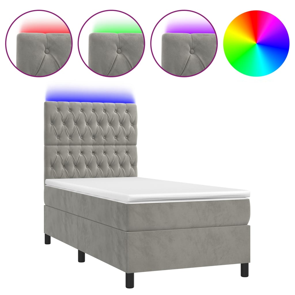 vidaXL Pat cu arcuri, saltea și LED, gri deschis, 100x200 cm, catifea vidaXL Pat cu arcuri, saltea și LED, gri deschis, 100x200 cm, catifea