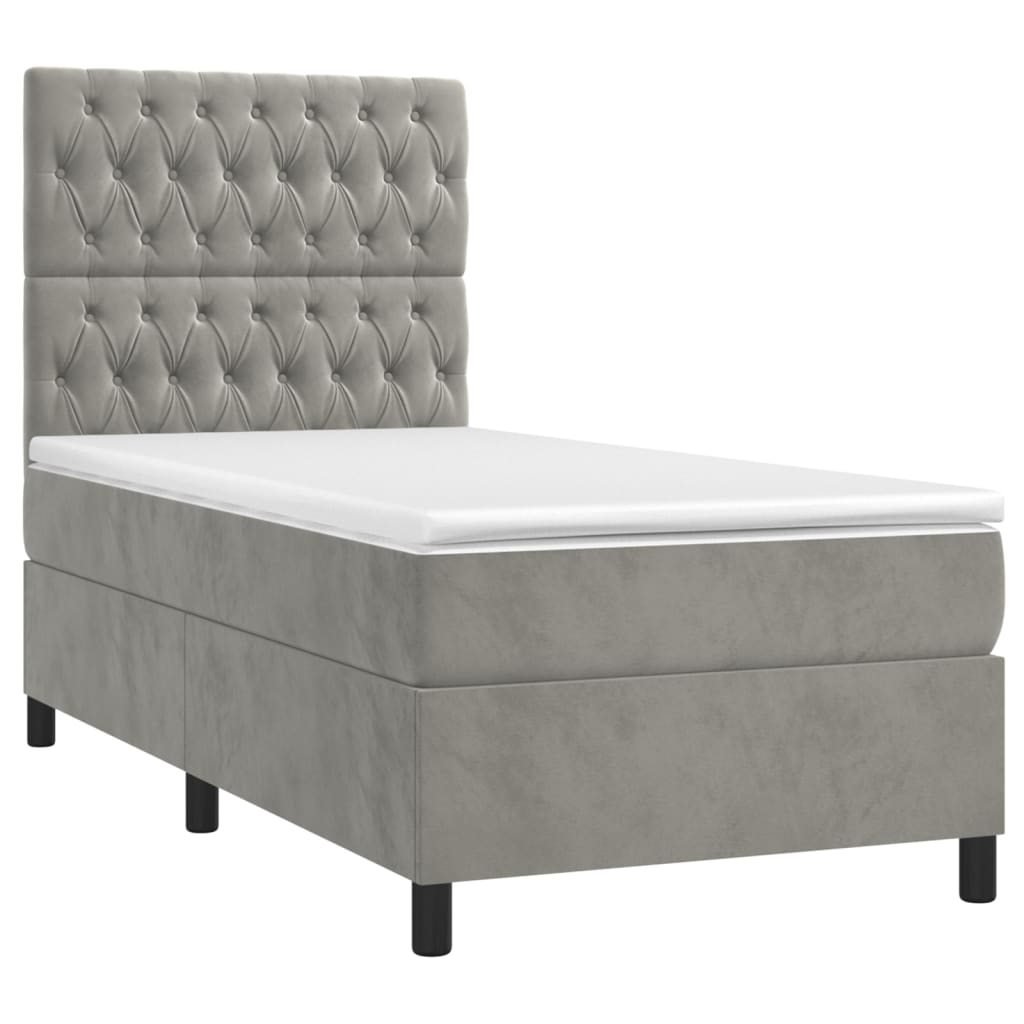 vidaXL Pat cu arcuri, saltea și LED, gri deschis, 100x200 cm, catifea vidaXL Pat cu arcuri, saltea și LED, gri deschis, 100x200 cm, catifea