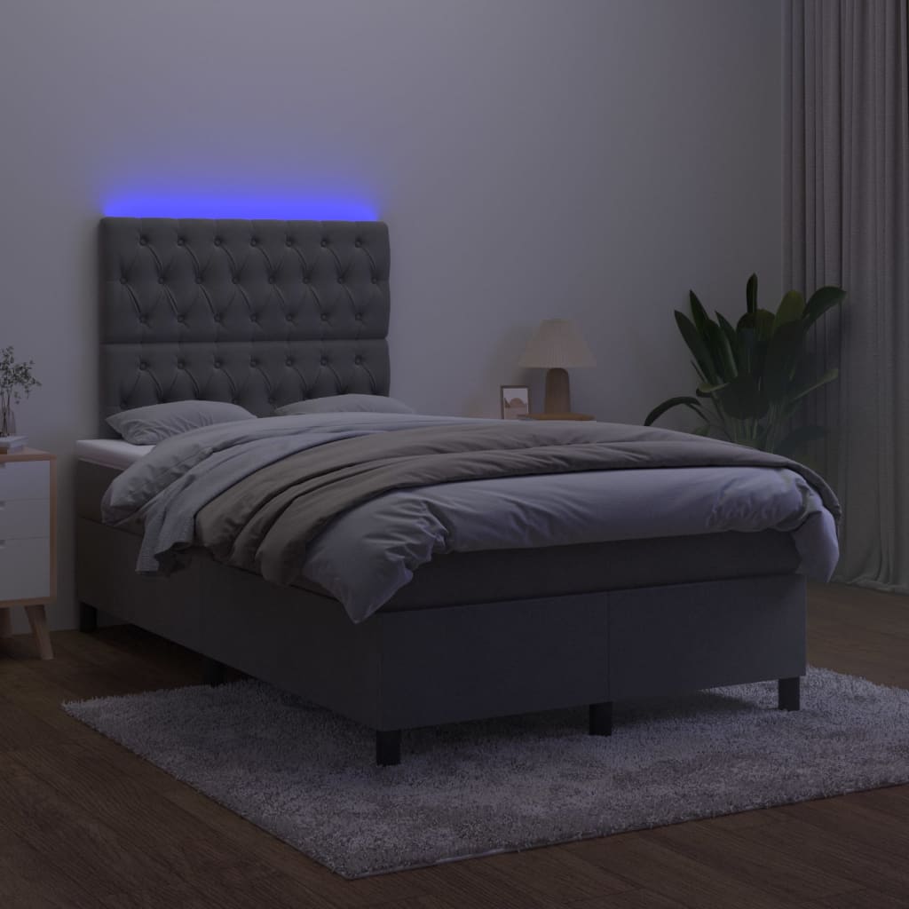 vidaXL Pat cu arcuri, saltea și LED, gri închis, 120x200 cm, catifea