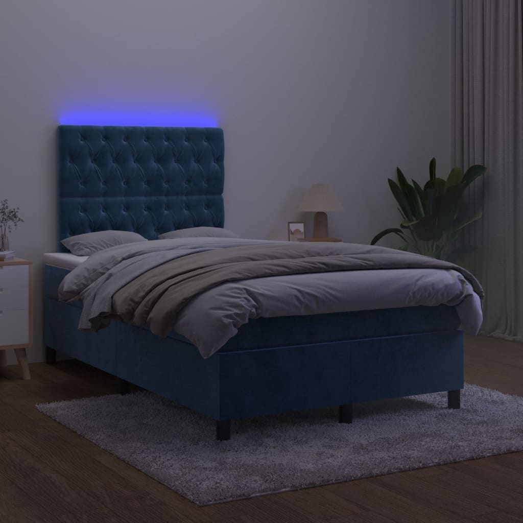 vidaXL Pat cu arcuri, saltea și LED, albastru, 120x200 cm, catifea vidaXL Pat cu arcuri, saltea și LED, albastru, 120x200 cm, catifea
