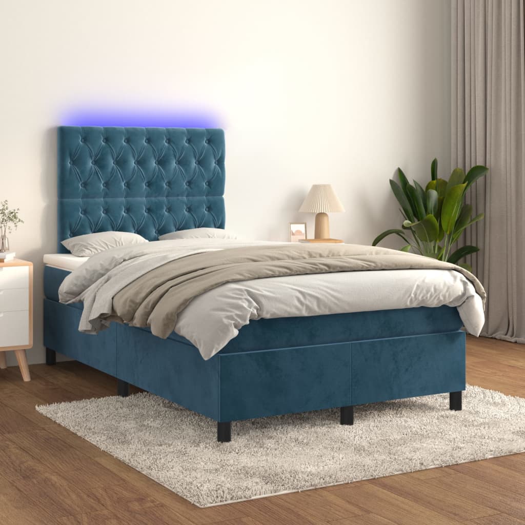 vidaXL Pat cu arcuri, saltea și LED, albastru, 120x200 cm, catifea vidaXL Pat cu arcuri, saltea și LED, albastru, 120x200 cm, catifea