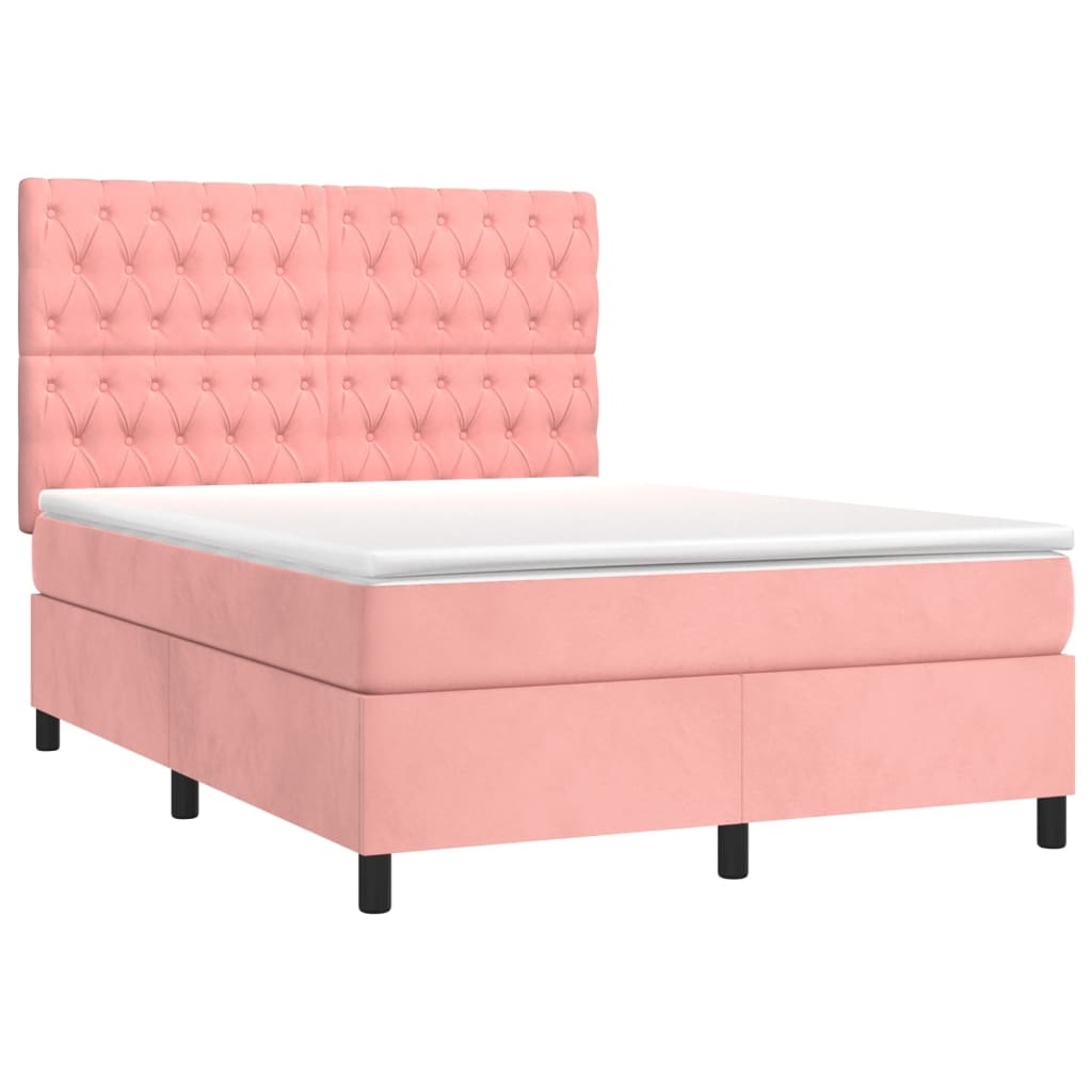 vidaXL Pat cu arcuri, cu saltea și LED, roz, 140x190 cm catifea