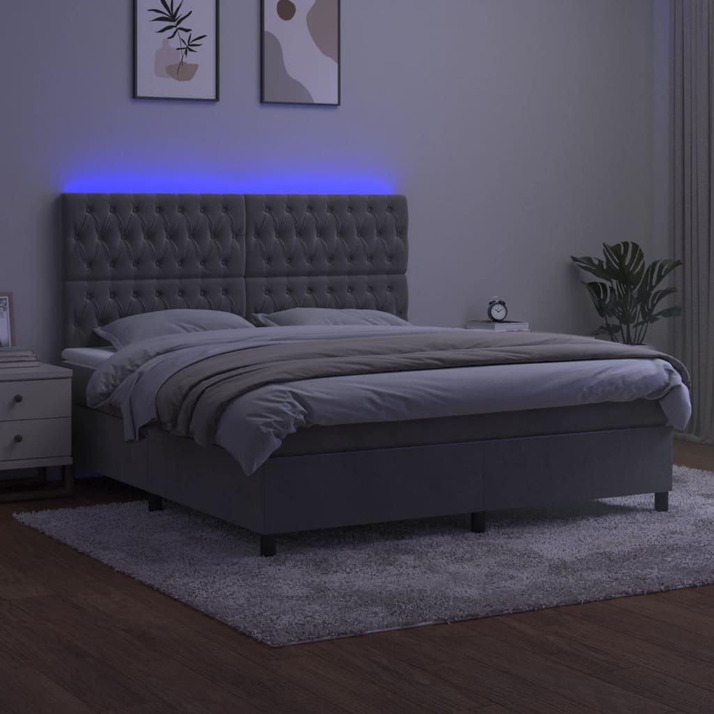 vidaXL Pat cu arcuri, saltea și LED, gri deschis, 160x200 cm, catifea
