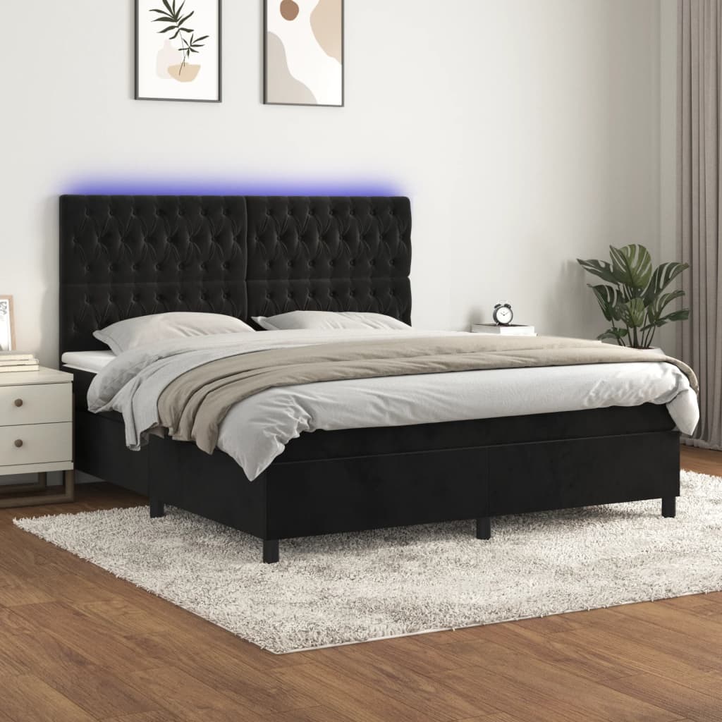 vidaXL Pat cu arcuri, saltea și LED, negru, 160x200 cm, catifea vidaXL Pat cu arcuri, saltea și LED, negru, 160x200 cm, catifea