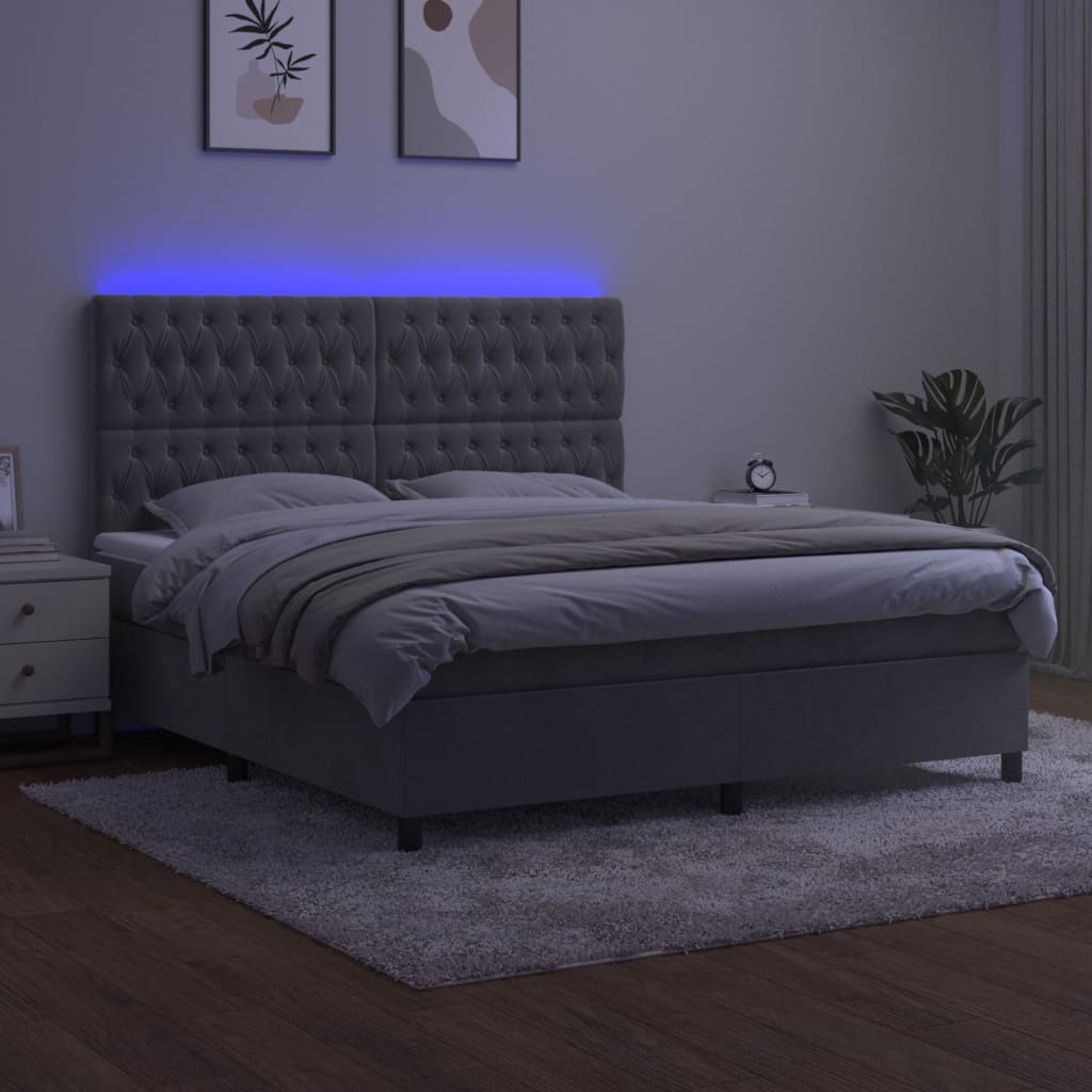 vidaXL Pat cu arcuri, saltea și LED, gri deschis, 180x200 cm, catifea