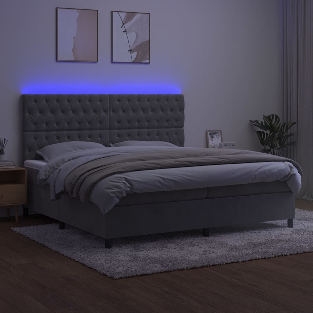 vidaXL Pat cu arcuri, saltea și LED, gri deschis, 200x200 cm, catifea