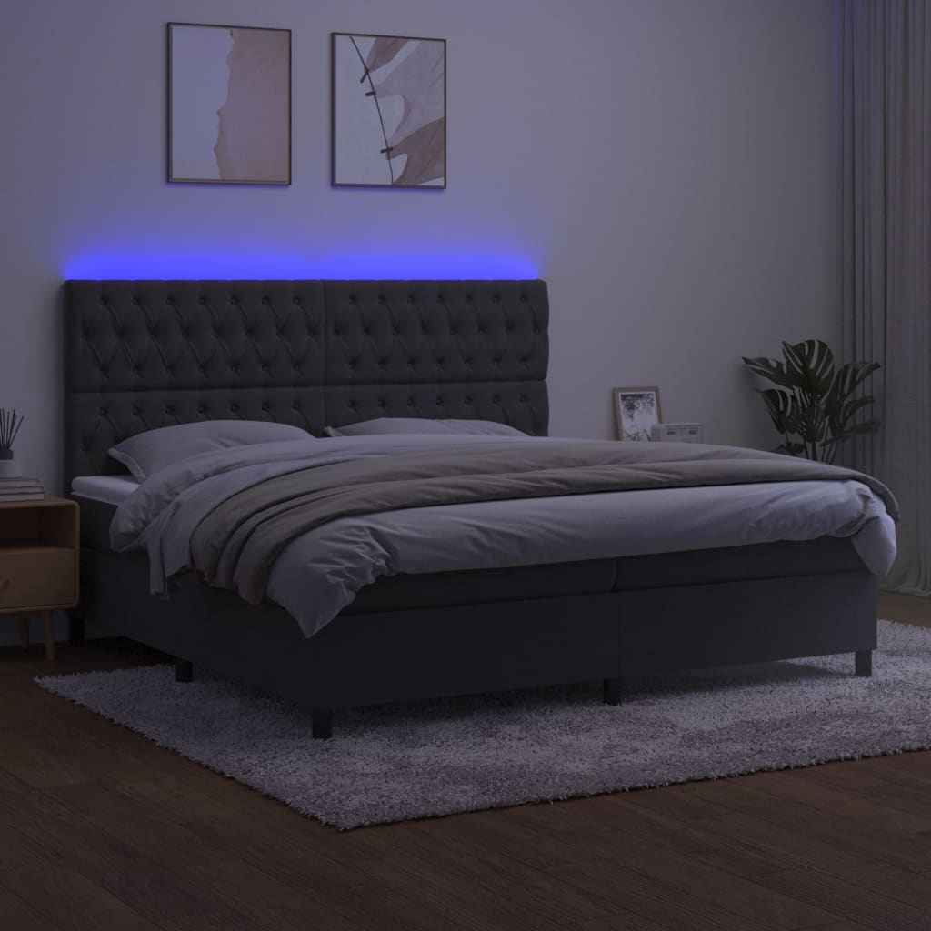 vidaXL Pat cu arcuri, saltea și LED, gri închis, 200x200 cm, catifea