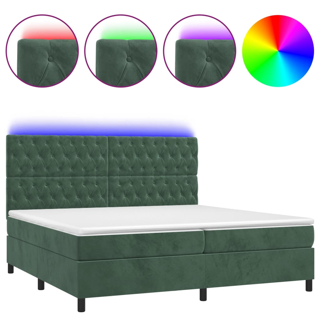vidaXL Pat cu arcuri, saltea și LED, verde închis, 200x200 cm, catifea vidaXL Pat cu arcuri, saltea și LED, verde închis, 200x200 cm, catifea