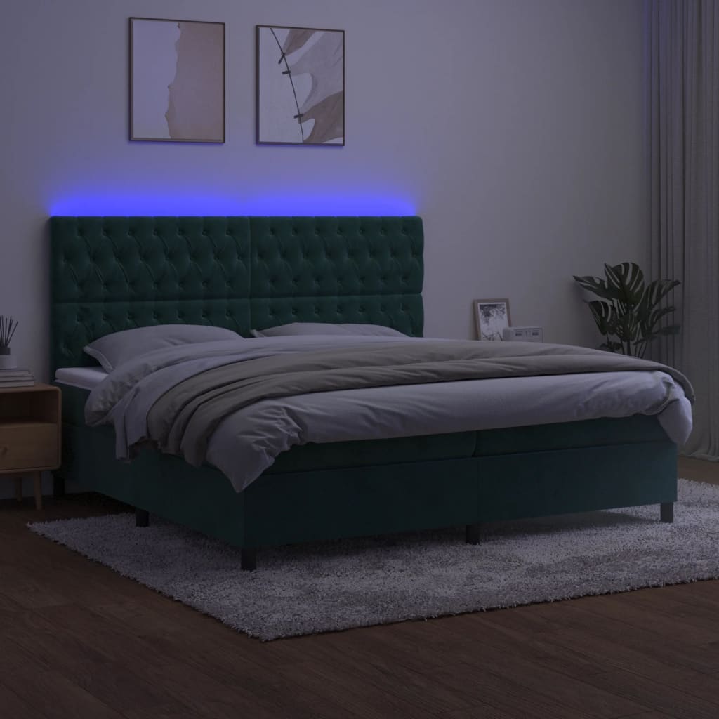 vidaXL Pat cu arcuri, saltea și LED, verde închis, 200x200 cm, catifea vidaXL Pat cu arcuri, saltea și LED, verde închis, 200x200 cm, catifea