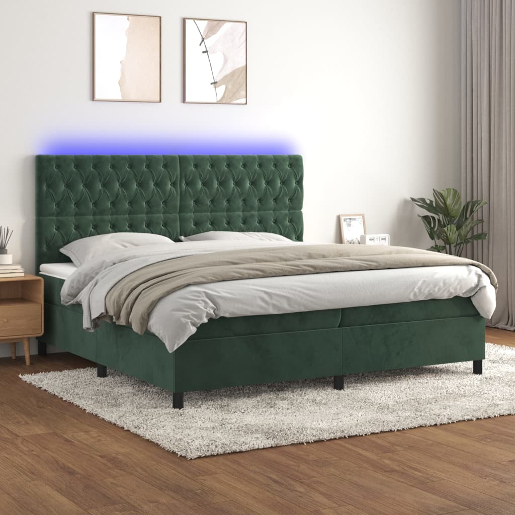 vidaXL Pat cu arcuri, saltea și LED, verde închis, 200x200 cm, catifea vidaXL Pat cu arcuri, saltea și LED, verde închis, 200x200 cm, catifea