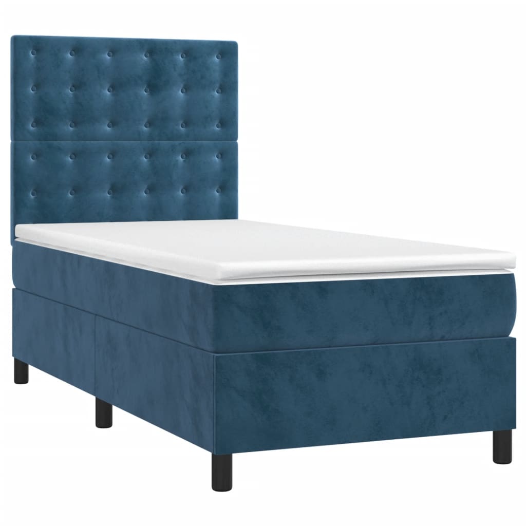 vidaXL Pat cu arcuri, saltea și LED, bleumarin, 90x190 cm, catifea