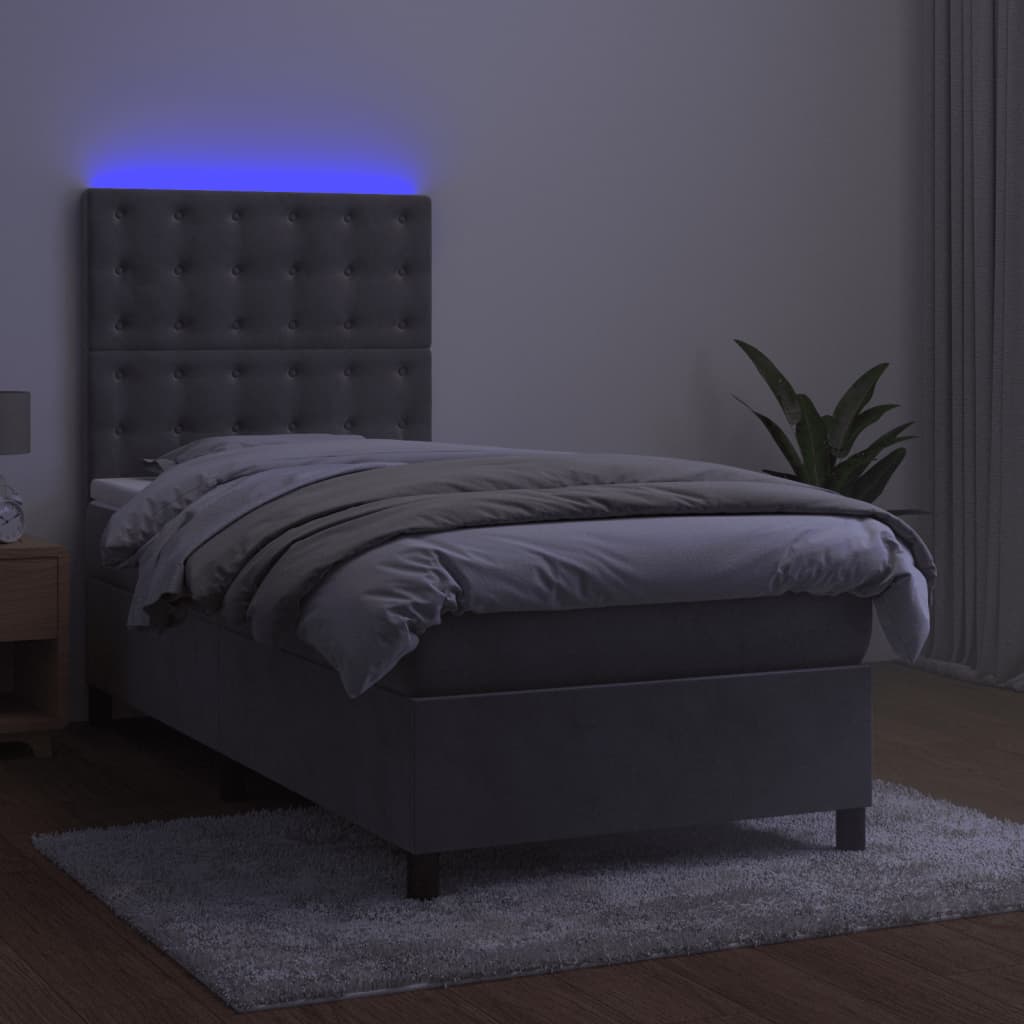 vidaXL Pat cu arcuri, saltea și LED, gri deschis, 90x200 cm, catifea