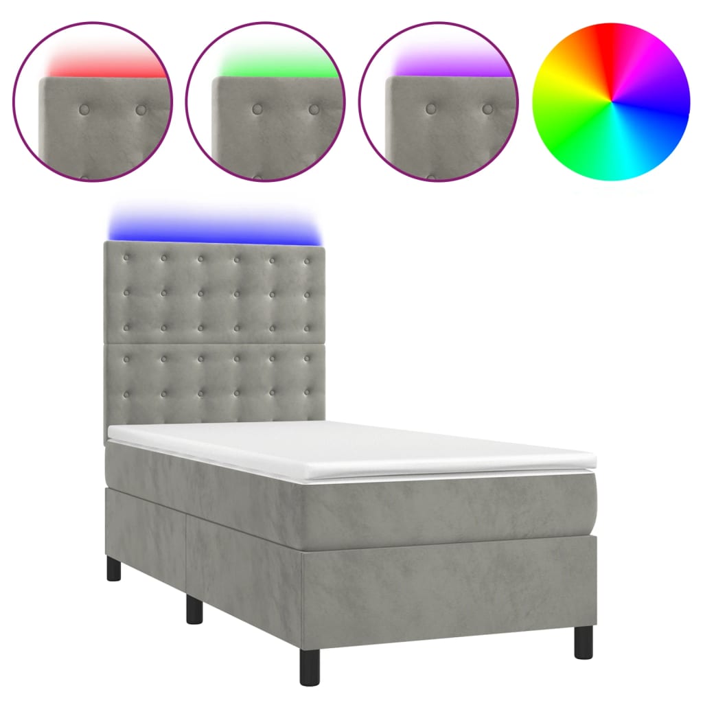 vidaXL Pat cu arcuri, saltea și LED, gri deschis, 100x200 cm, catifea vidaXL Pat cu arcuri, saltea și LED, gri deschis, 100x200 cm, catifea