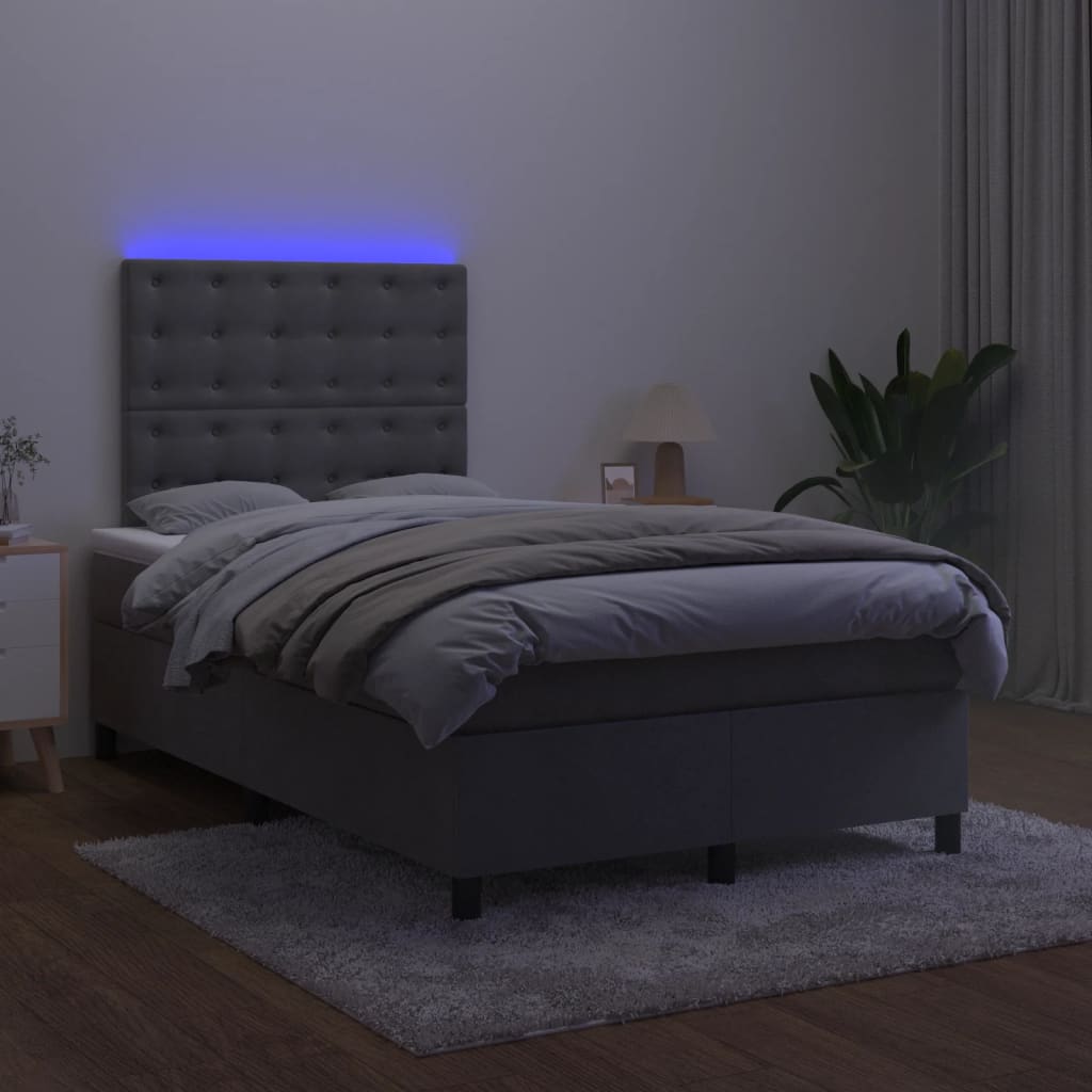 vidaXL Pat cu arcuri, saltea și LED, gri închis, 120x200 cm, catifea