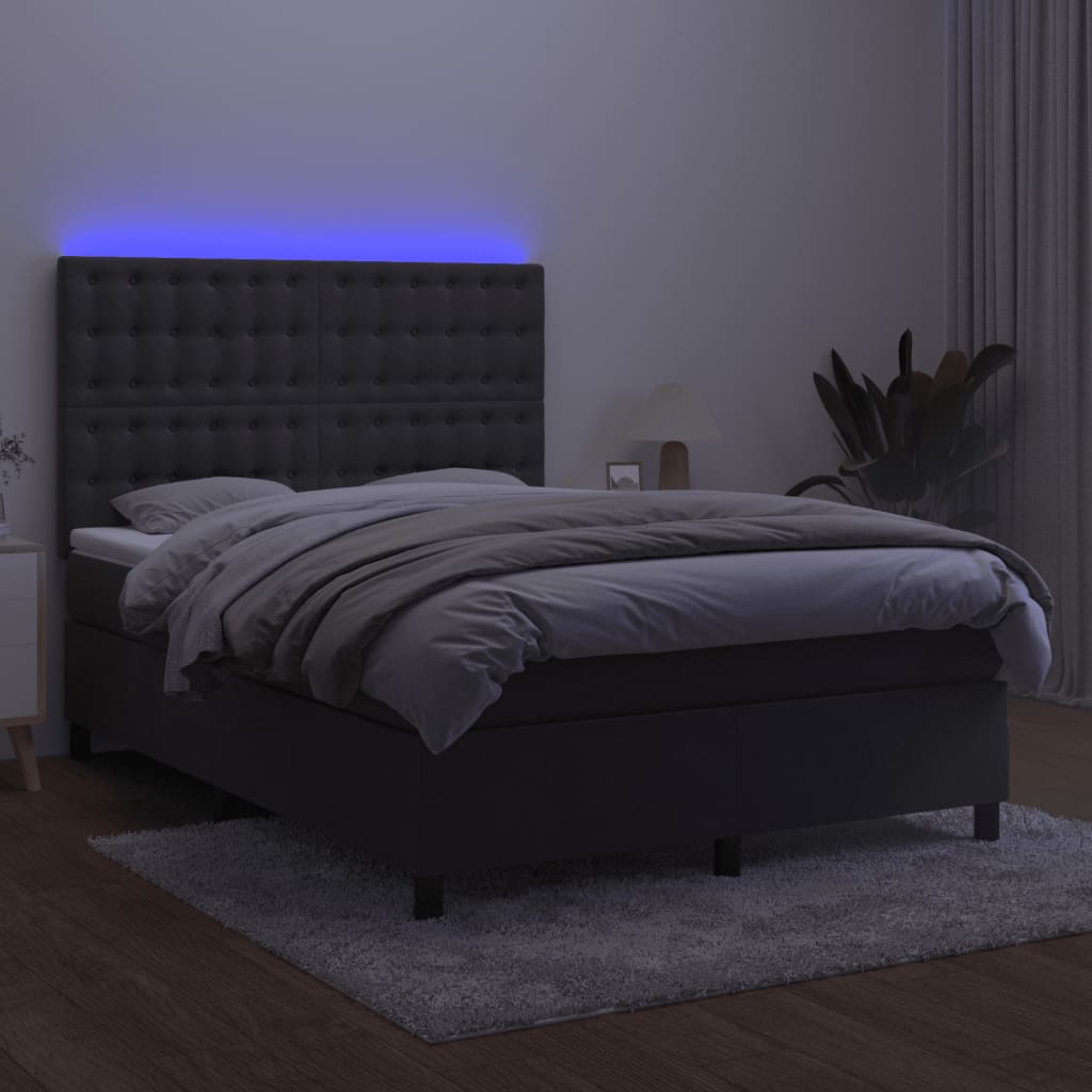vidaXL Pat cu arcuri, saltea și LED, gri închis, 140x190 cm, catifea