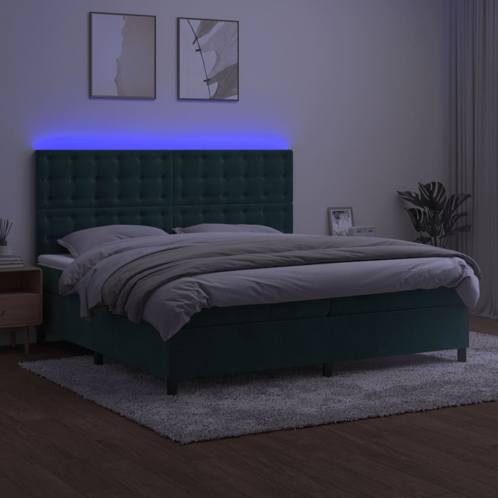 vidaXL Pat cu arcuri, saltea și LED, verde închis, 200x200 cm, catifea vidaXL Pat cu arcuri, saltea și LED, verde închis, 200x200 cm, catifea